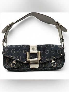 Y2K Guess Navy Monogram Shoulder Bag with Cream Trim